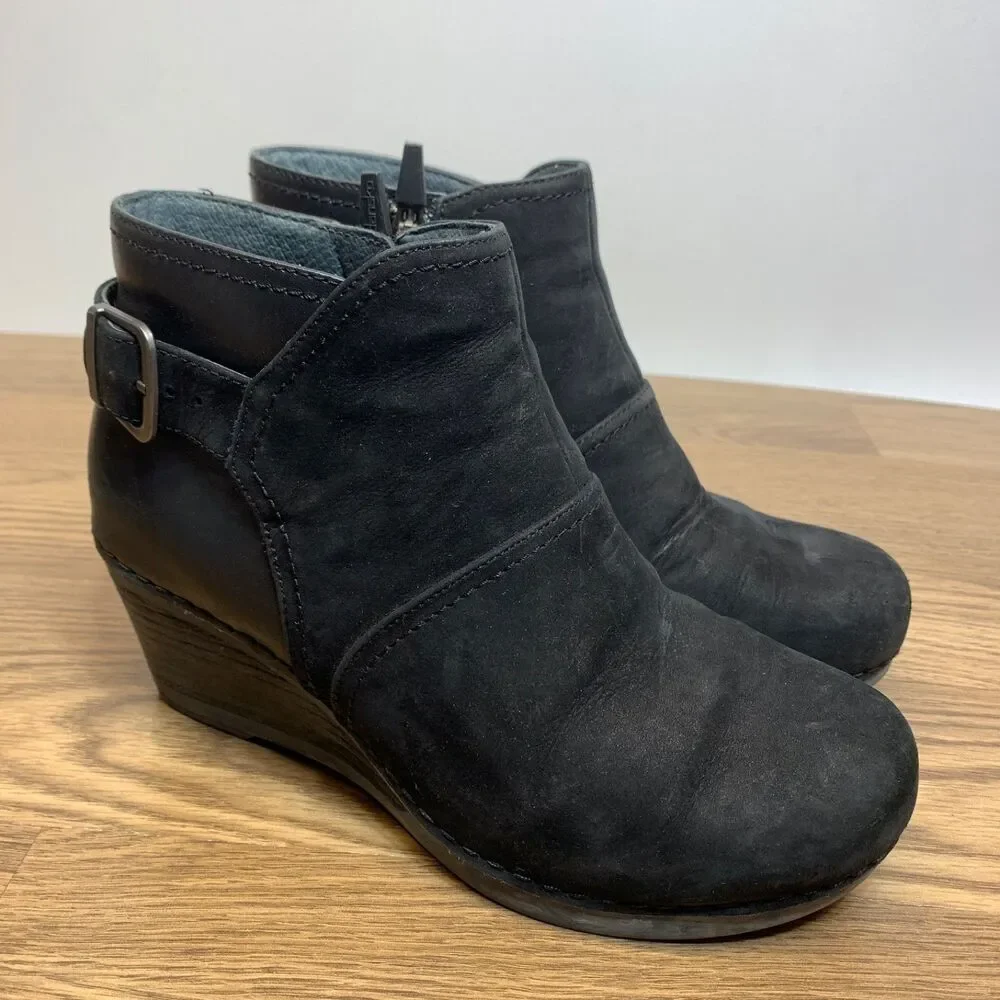 Dansko Boots Women 6.5-7 EU 37 Shirley Wedge Heel Ankle Booties Black Leather‎